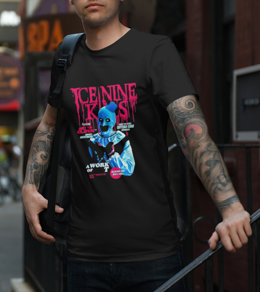 Ice Nine Kills Featuring Art The Clown Cutting Edge A Work Of T IX Delivering Cake With A Smile T-Shirt