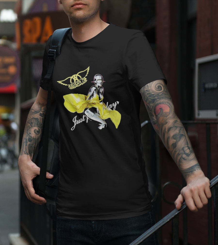 Aerosmith Just Push Play Logo With Futuristic Figure And Yellow Dress T-Shirt