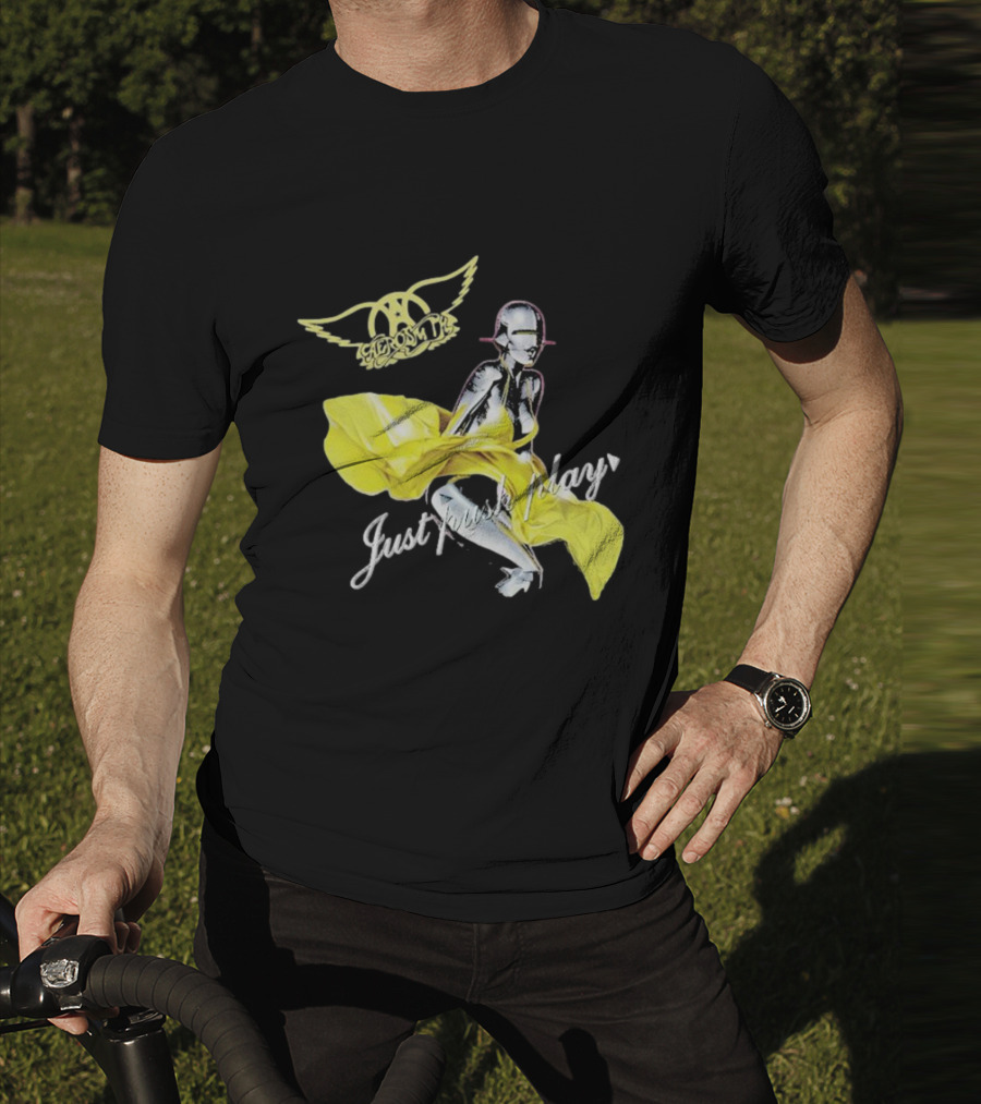 Aerosmith Just Push Play Logo With Futuristic Figure And Yellow Dress T-Shirt