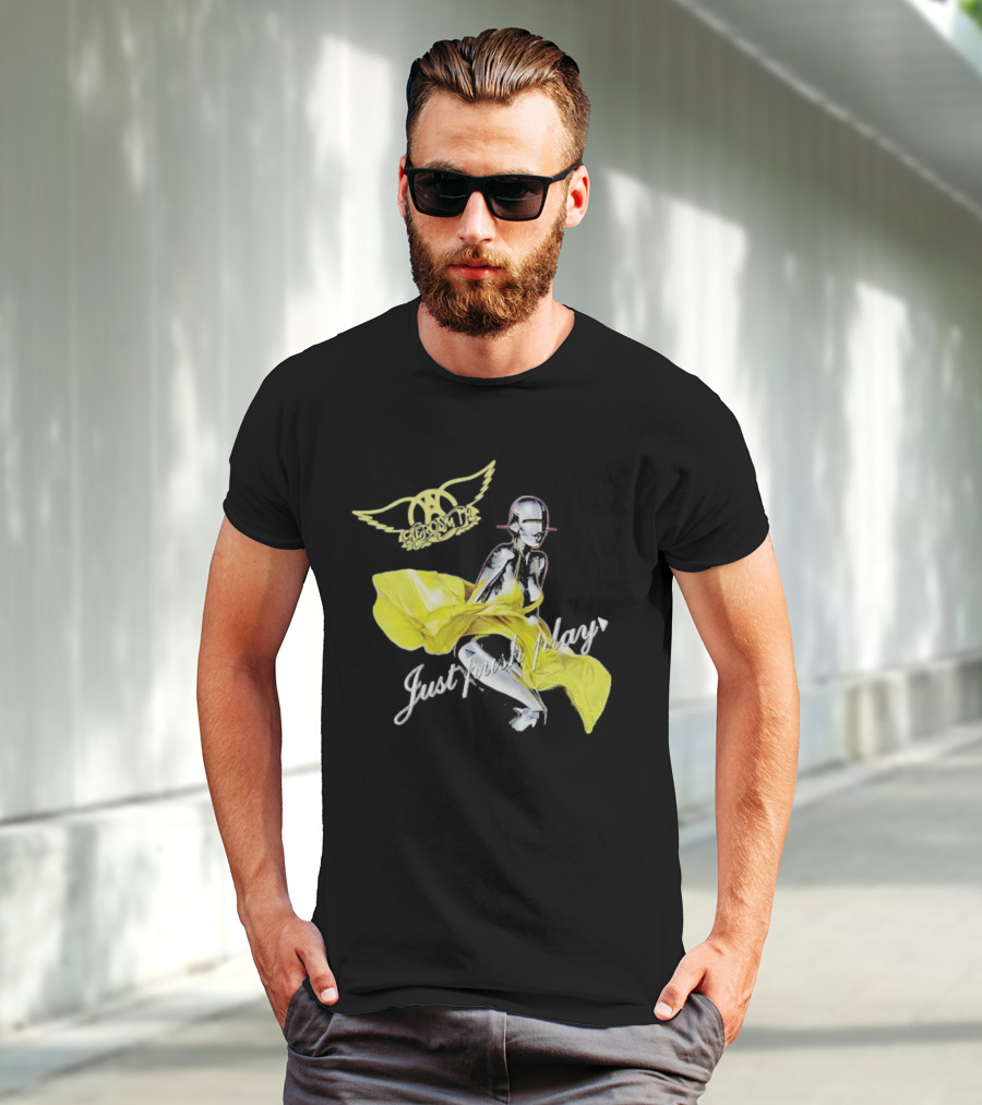 Aerosmith Just Push Play Logo With Futuristic Figure And Yellow Dress T-Shirt