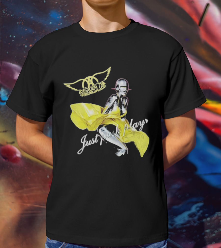 Aerosmith Just Push Play Logo With Futuristic Figure And Yellow Dress T-Shirt
