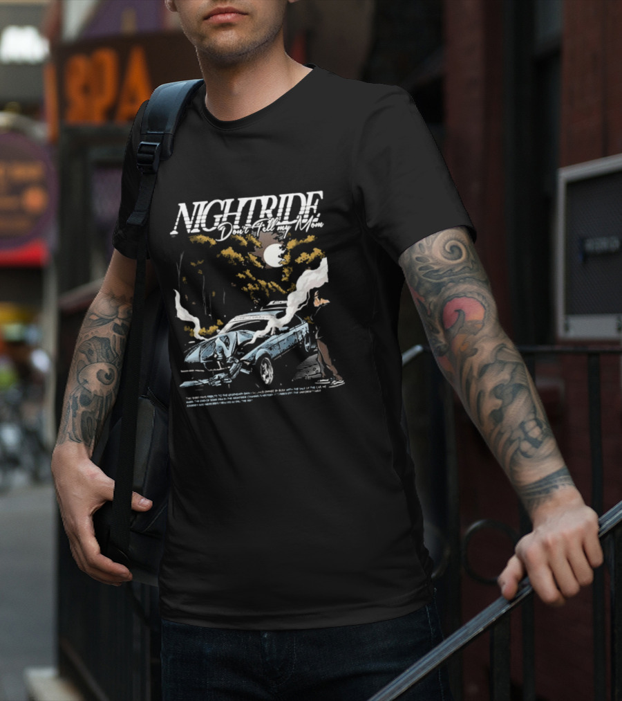 Nightride Don't Tell My Mom Night Car Crash Scene With Full Moon And Trees T-Shirt