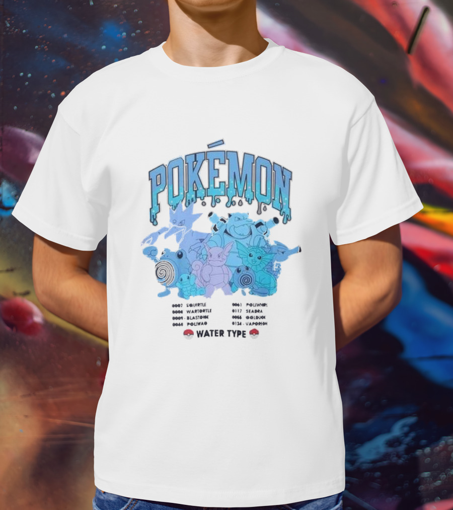 POKEMON Water Type Squirtle Wartortle Blastoise Poliwag Psyduck Golduck Poliwhirl Seadra Vaporeon T-Shirt