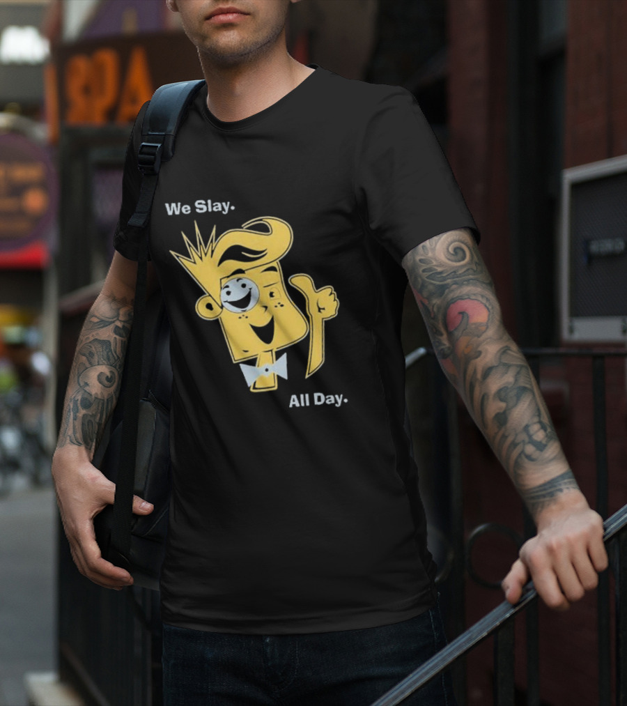 We Slay All Day Fgteev Shiny Yellow Character With Smile And Bow Tie T-Shirt