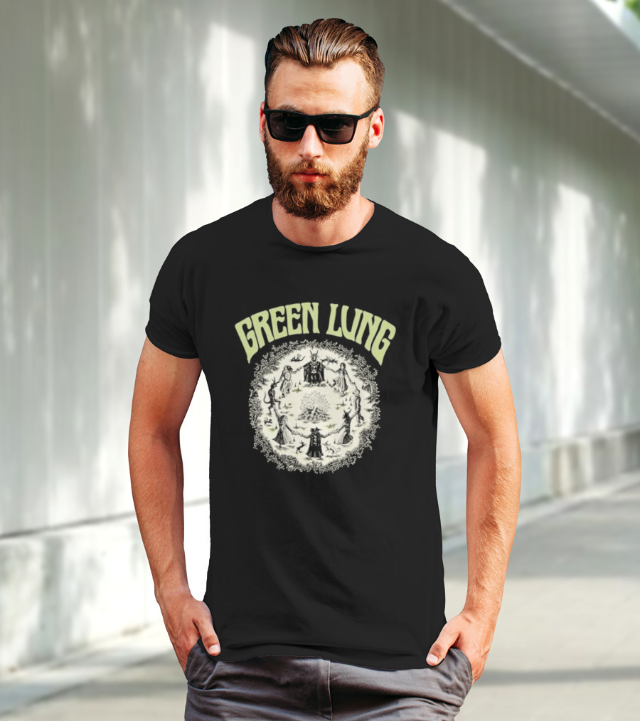 Green Lung Mystic Circle Ritual Scene With Figures And Central Fire T-Shirt