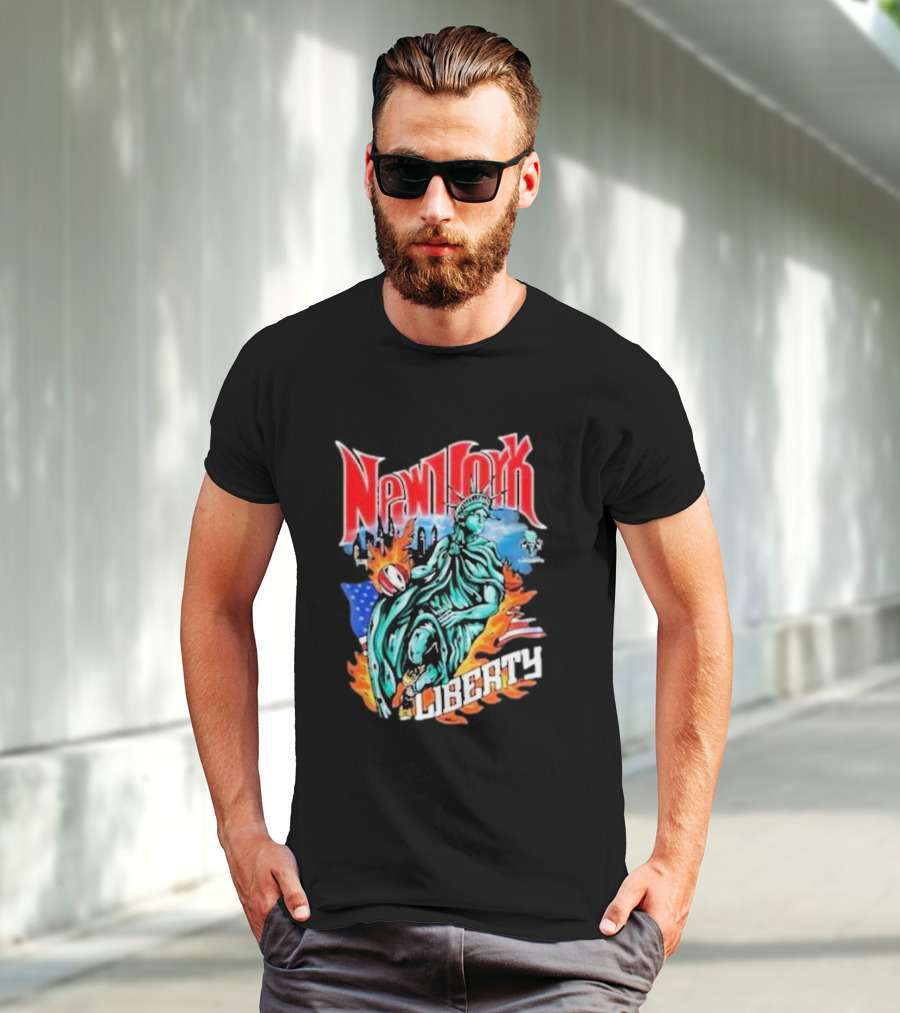 New York Liberty Statue Of Liberty With Flames And American Flag Basketball T-Shirt