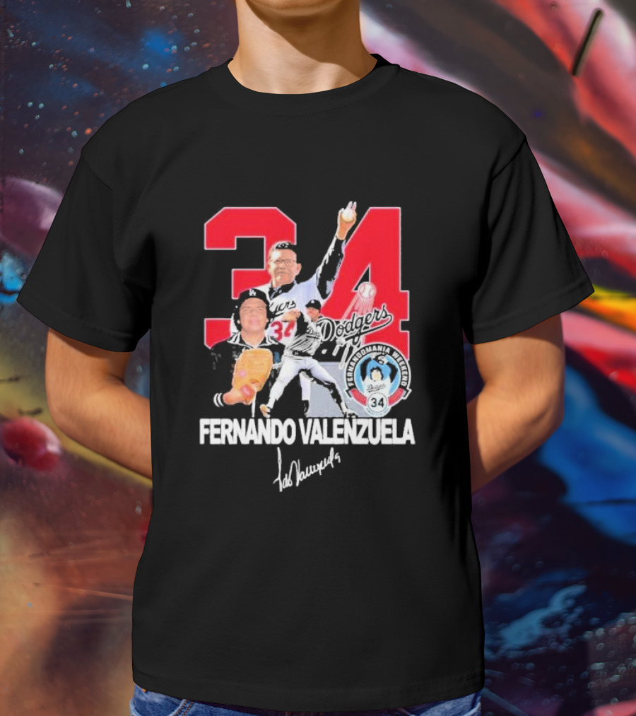 Fernando Valenzuela Dodgers 34 Legend Baseball Tecolomania Mexican 34 Signature T-Shirt