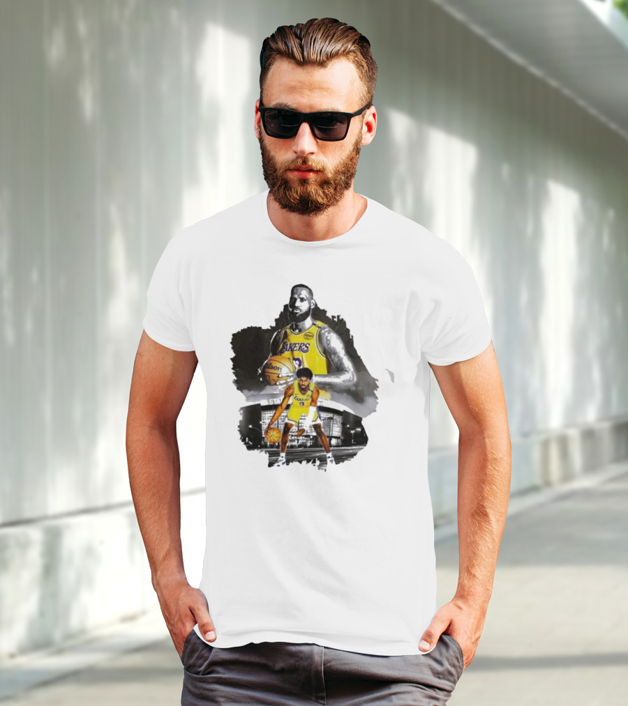 Lebron James Lakers Basketball Star In Action With Los Angeles Stadium Background T-Shirt
