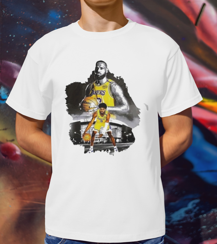 Lebron James Lakers Basketball Star In Action With Los Angeles Stadium Background T-Shirt