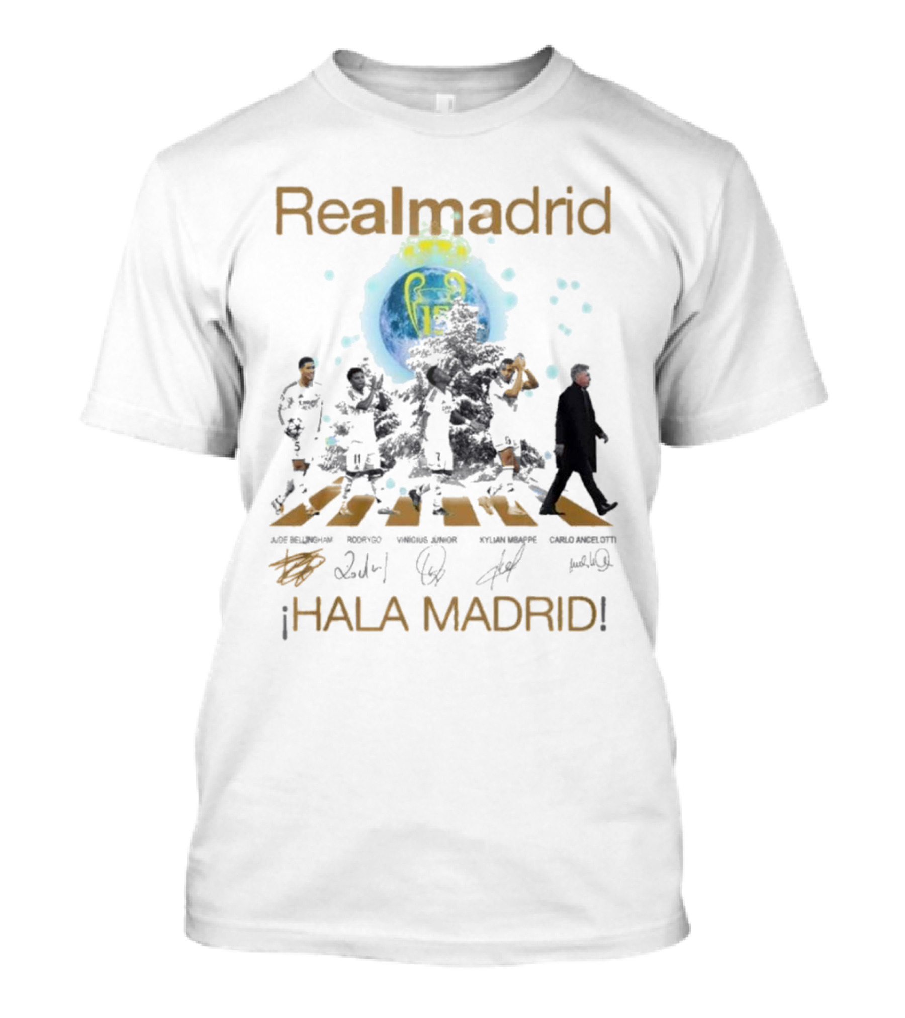 Real Madrid Hala Madrid Jude Bellingham Rodrygo Vinicius Junior Kylian Mbappe Carlo Ancelotti Signatures T-Shirt