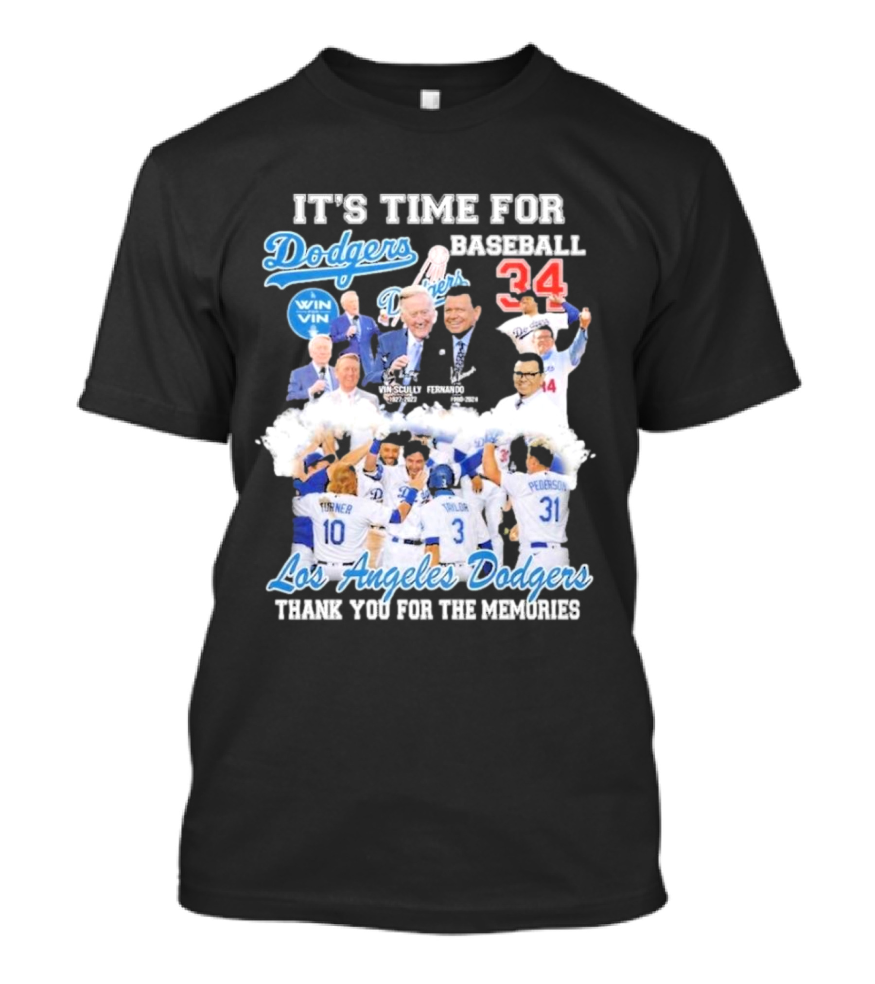 IT'S TIME FOR BASEBALL LOS ANGELES DODGERS VIN SCULLY FERNANDO VALENZUELA 34 THANK YOU FOR THE MEMORIES T-Shirt