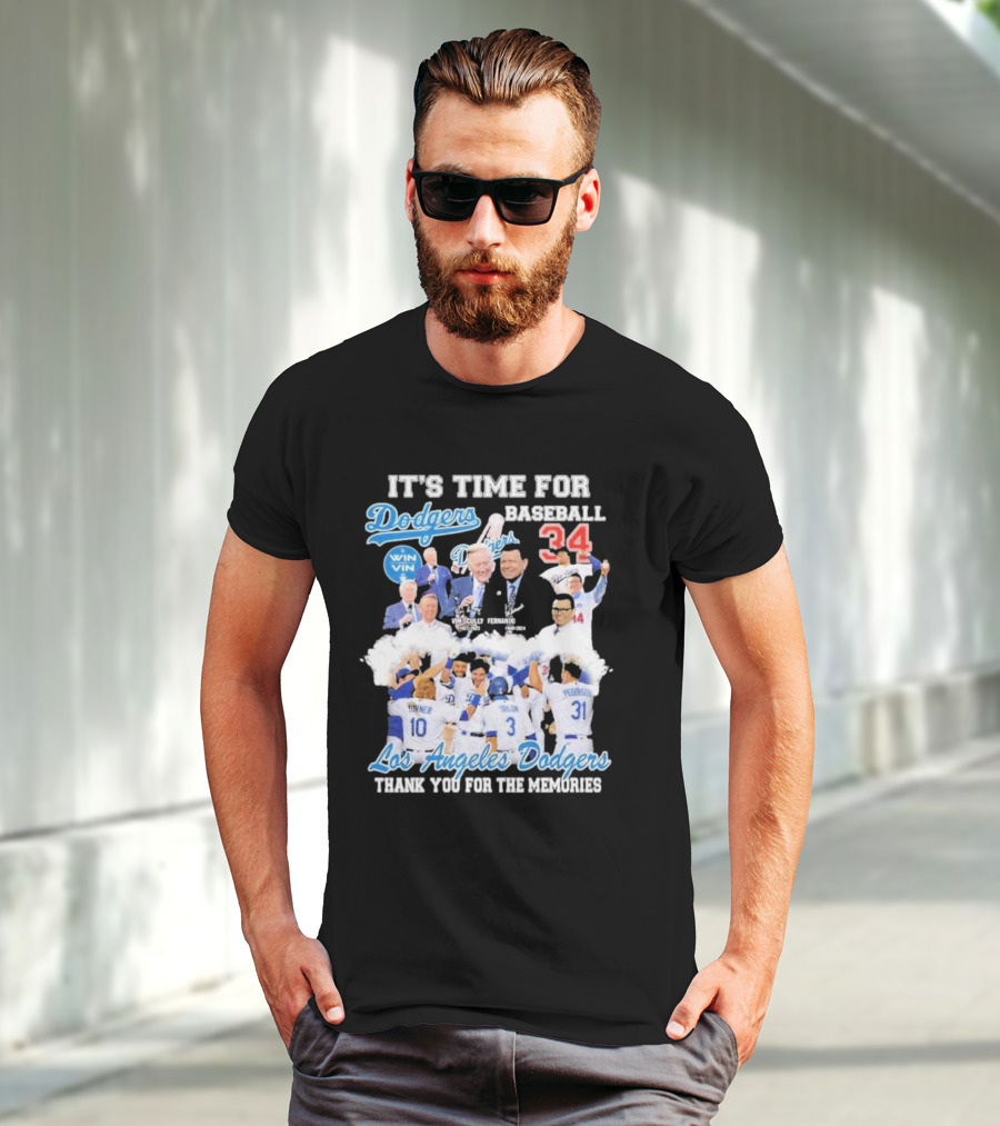IT'S TIME FOR BASEBALL LOS ANGELES DODGERS VIN SCULLY FERNANDO VALENZUELA 34 THANK YOU FOR THE MEMORIES T-Shirt