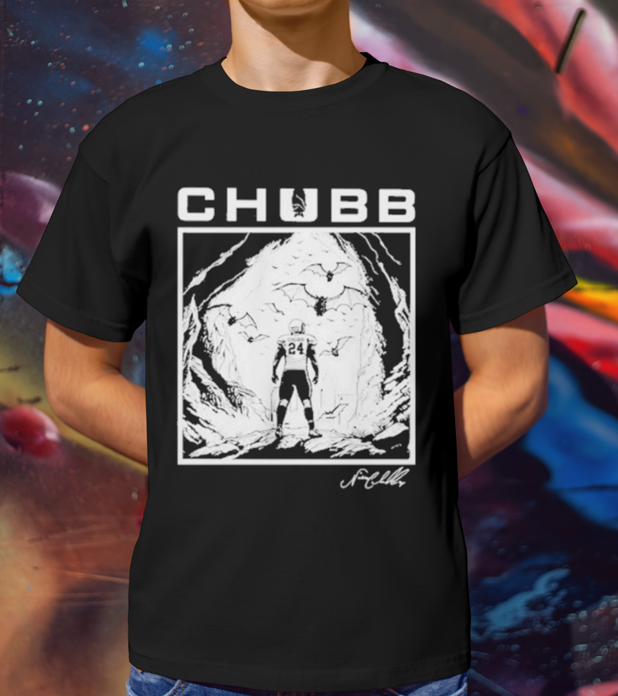 Chubb 24 Cleveland Football Bat Cave Fantasy Scene T-Shirt