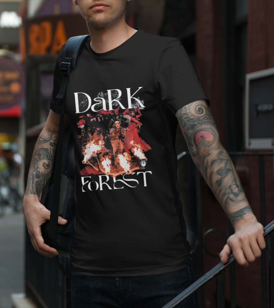Dark Forest Illuminated Figure And Flames Quixotic X Made Mobb T-Shirt