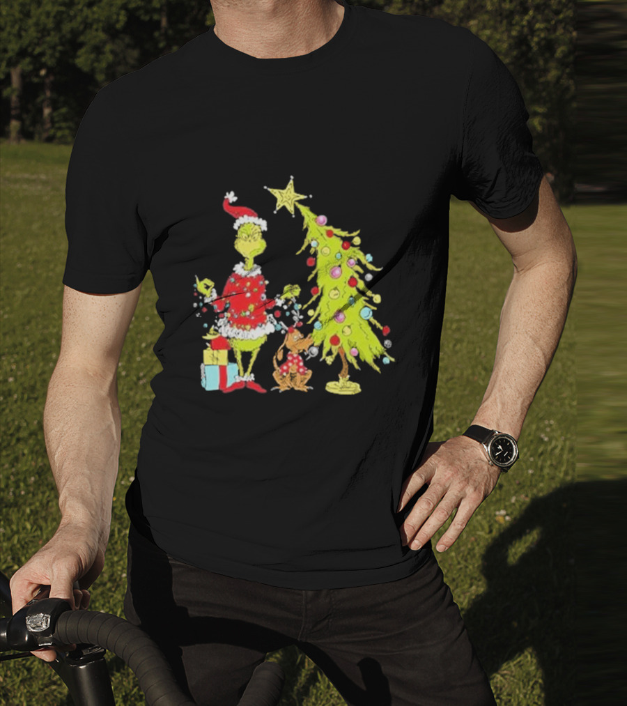 Grinch Christmas Tree With Santa Hat And Max By Presents T-Shirt