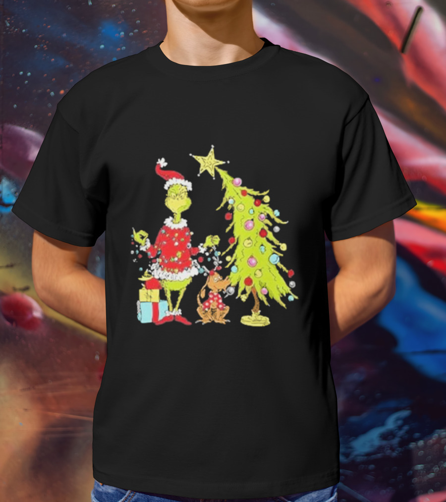 Grinch Christmas Tree With Santa Hat And Max By Presents T-Shirt
