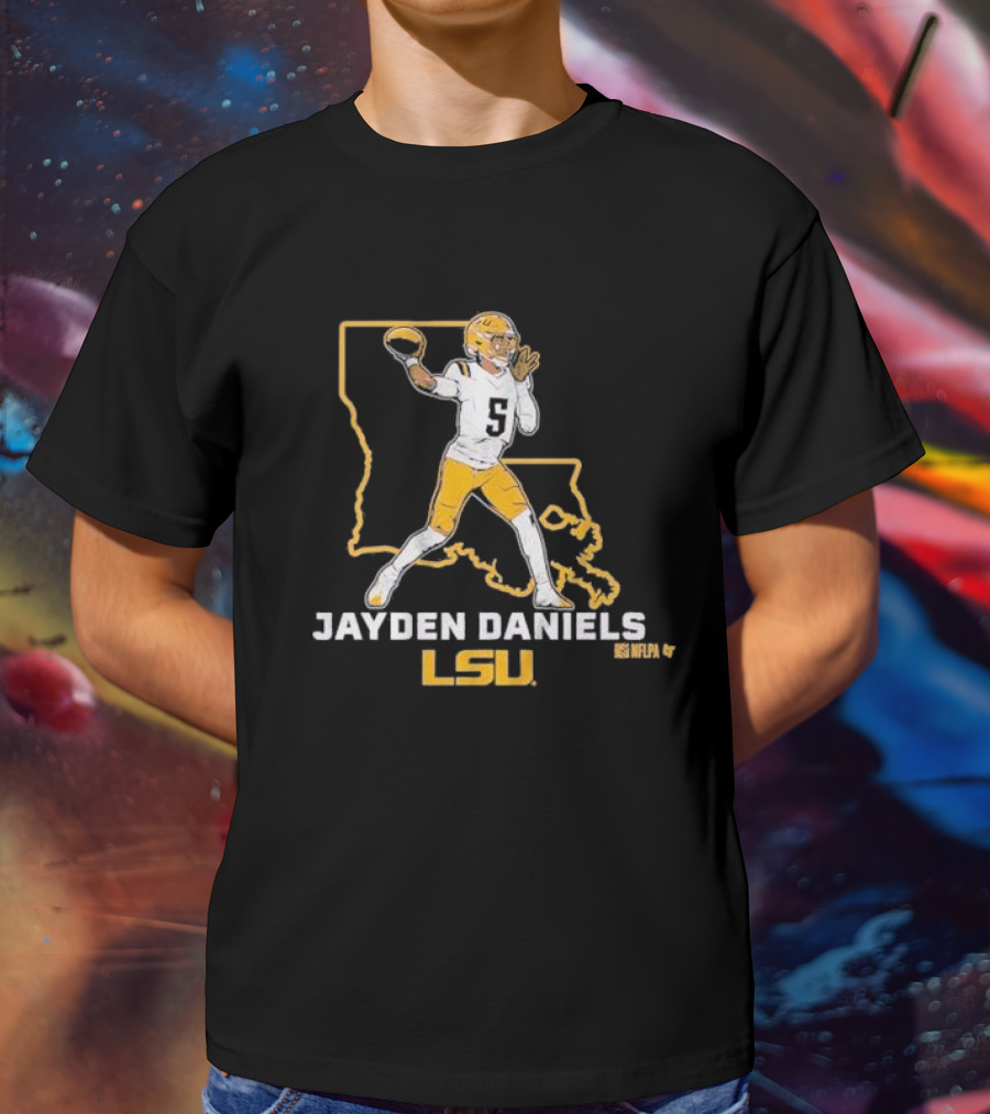 Jayden Daniels LSU Tigers NFLPA Football Louisiana Map T-Shirt