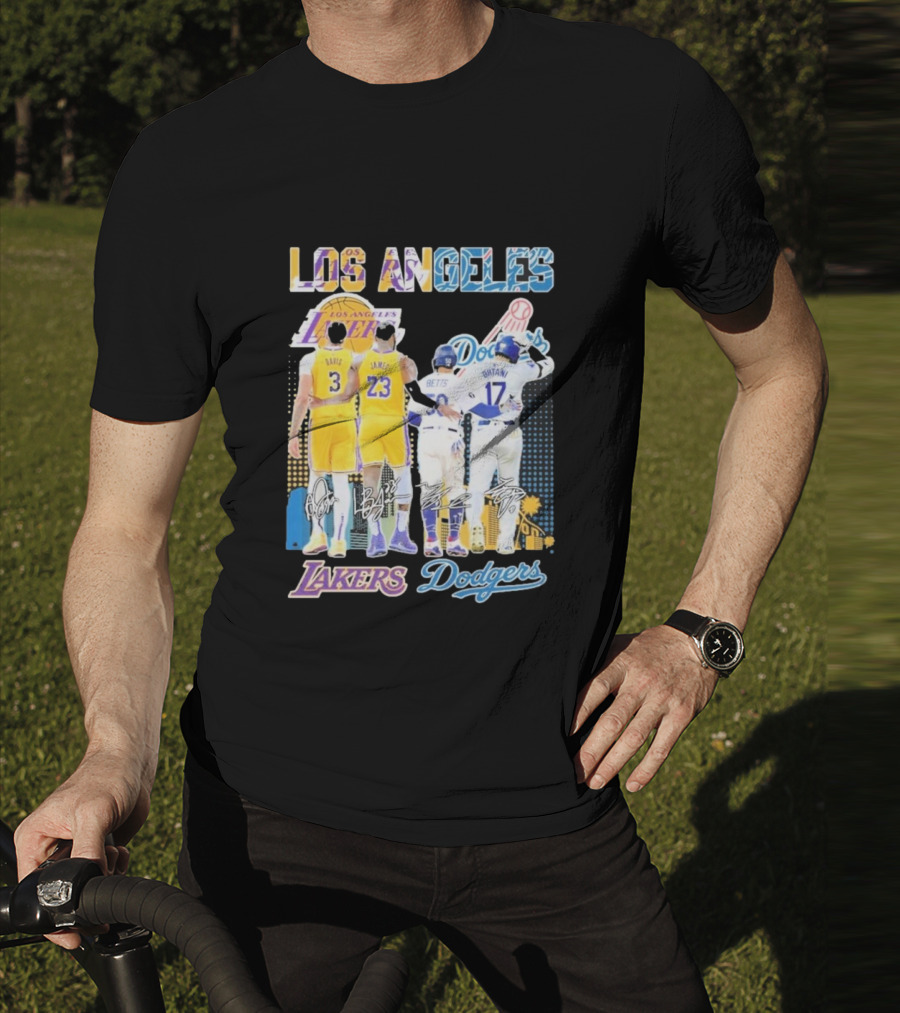 Los Angeles Lakers Dodgers LeBron James Anthony Davis Mookie Betts Freddie Freeman Signatures T-Shirt