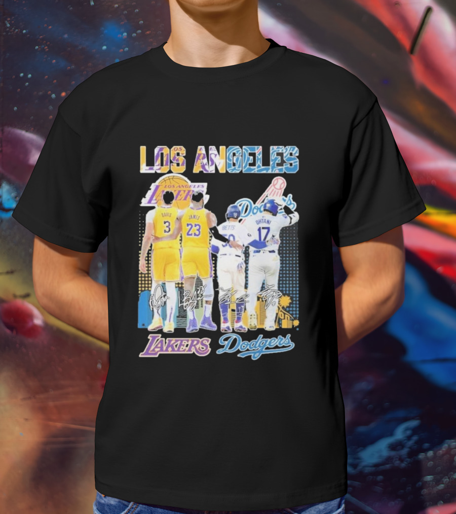 Los Angeles Lakers Dodgers LeBron James Anthony Davis Mookie Betts Freddie Freeman Signatures T-Shirt