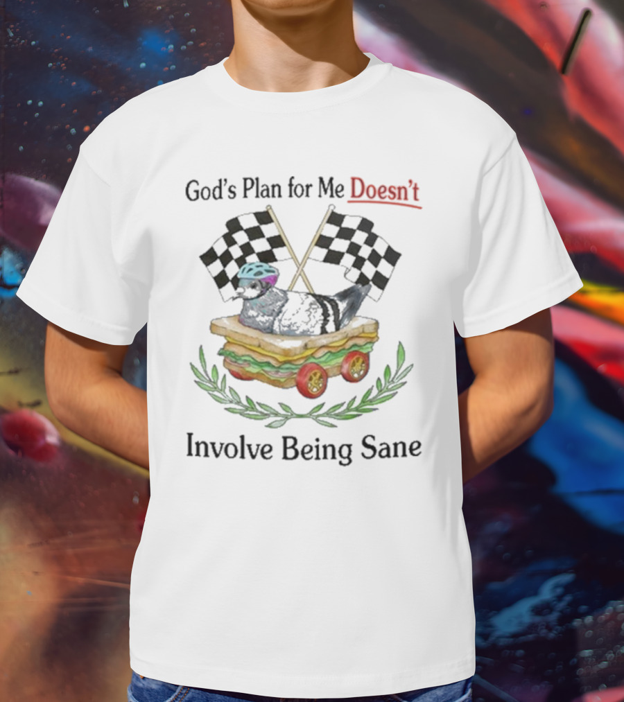 God's Plan For Me Doesn’t Involve Being Sane Pigeon Sandwich Racing Wheels Checkered Flags T-Shirt