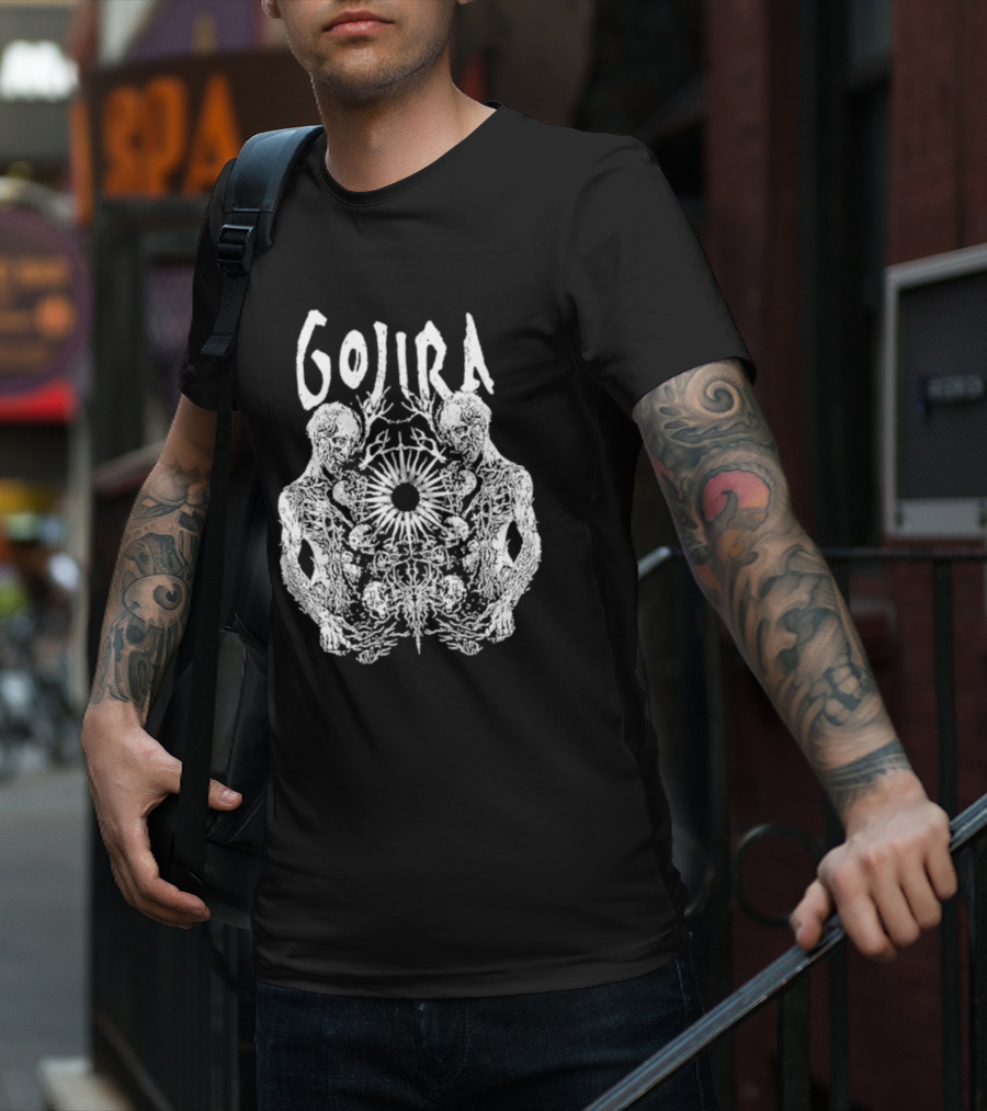 GOJIRA Twin Skull Symmetry With Skeletal Figures And Central Orb T-Shirt