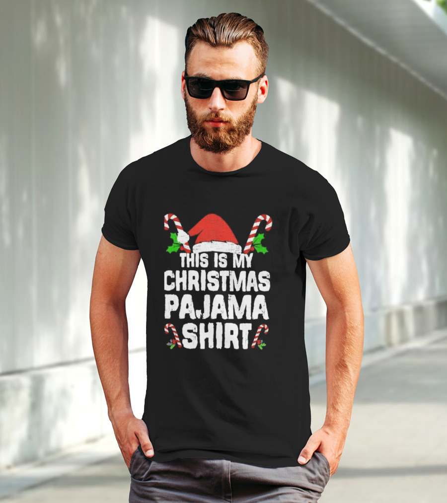 This Is My Christmas Pajama Shirt Candy Canes Santa Hat T-Shirt