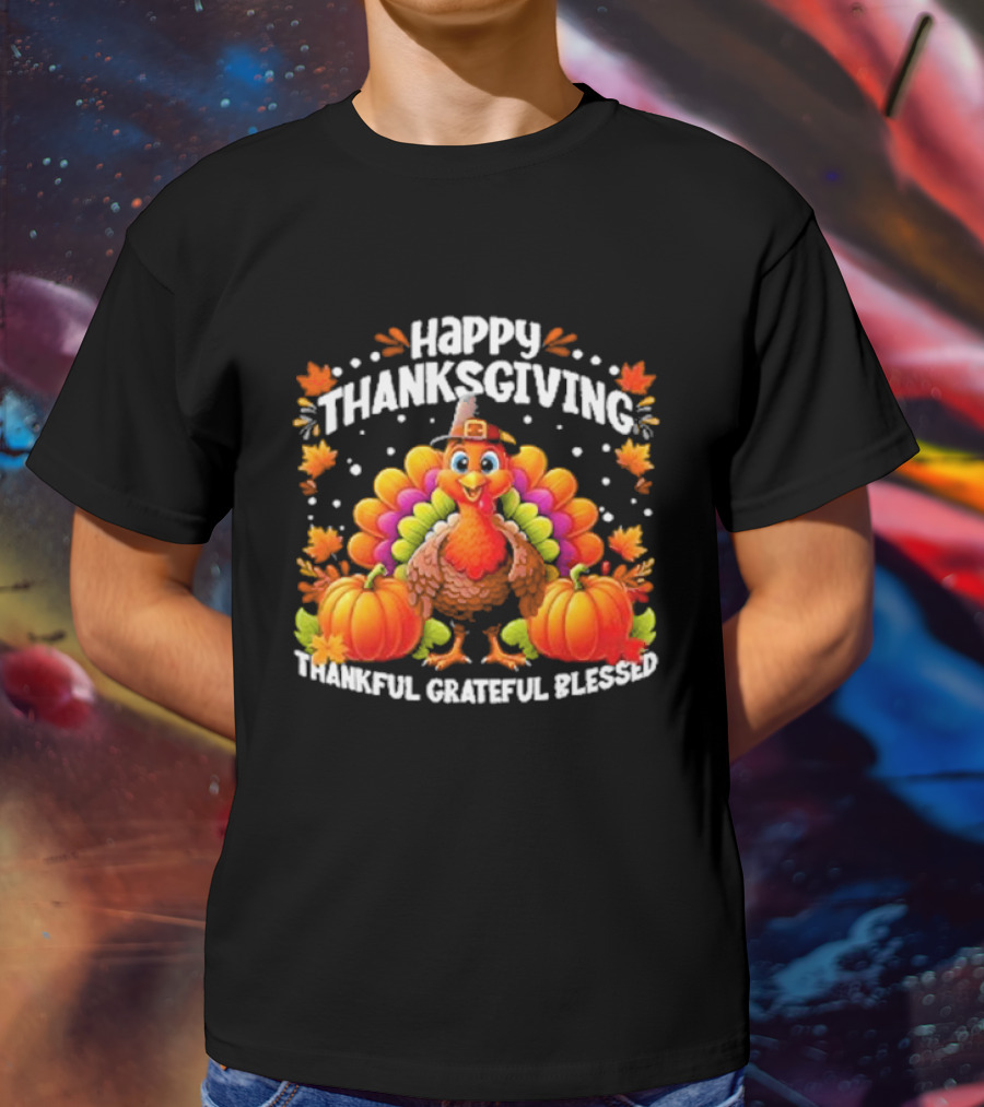 Happy Thanksgiving Turkey Thankful Grateful Blessed With Pumpkins And Autumn Leaves T-Shirt
