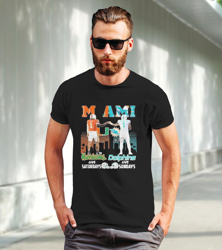 Miami Hurricanes On Saturdays Dolphins On Sundays T-Shirt