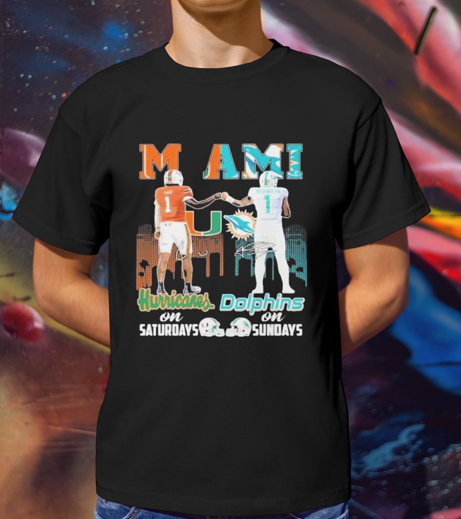 Miami Hurricanes On Saturdays Dolphins On Sundays T-Shirt