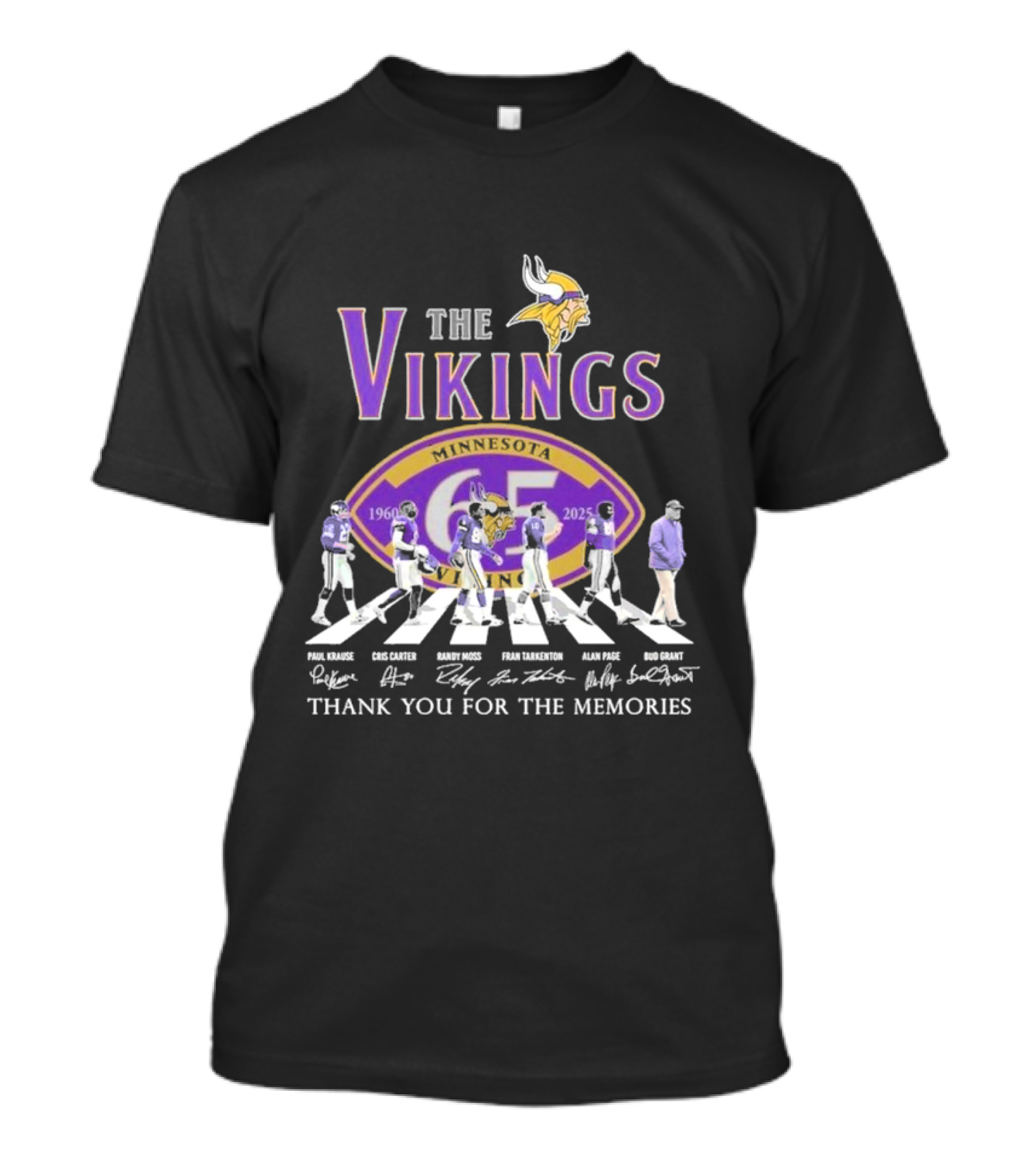 Minnesota Vikings Thank You For The Memories 1960-2025 Paul Krause Chris Carter Randy Moss Fran Tarkenton Alan Page Bud Grant T-Shirt