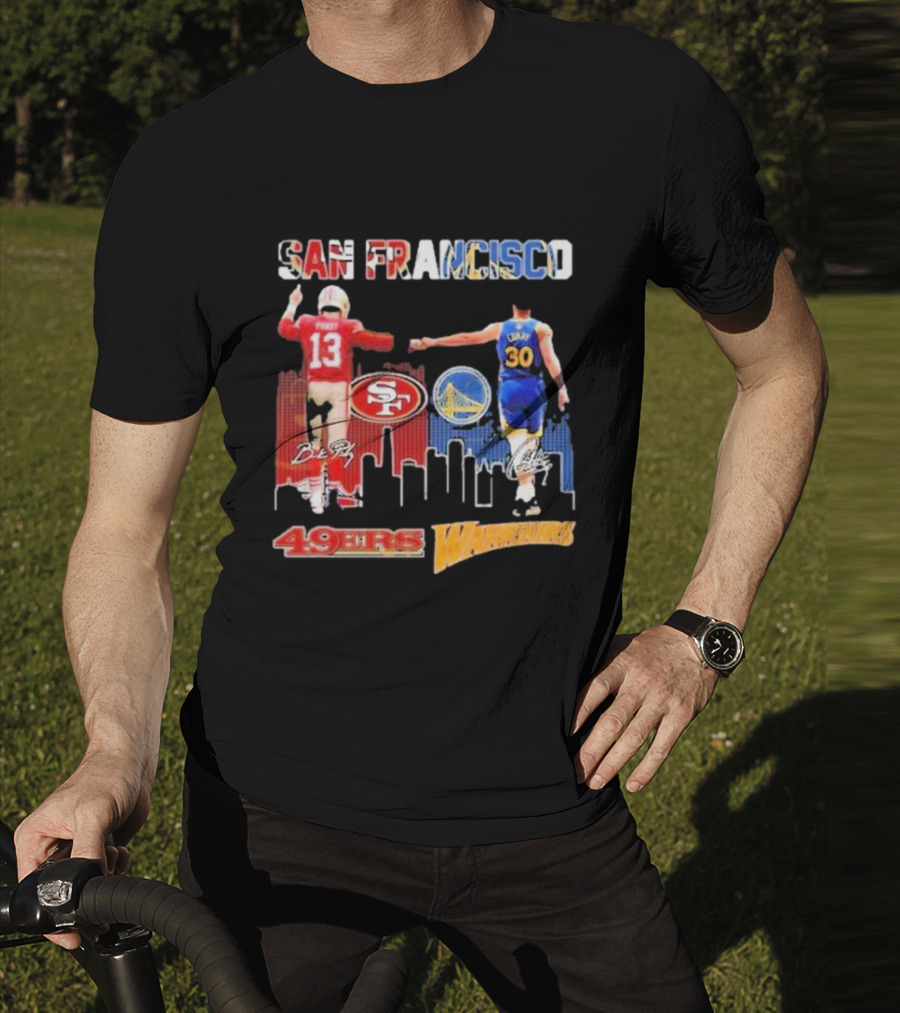 San Francisco 49ers Golden State Warriors Signatures With San Francisco Skyline T-Shirt