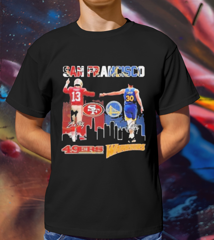 San Francisco 49ers Golden State Warriors Signatures With San Francisco Skyline T-Shirt