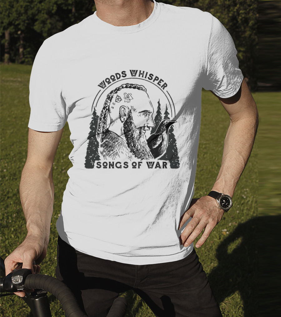 Woods Whisper Songs Of War Viking With Raven And Forest Symbols T-Shirt