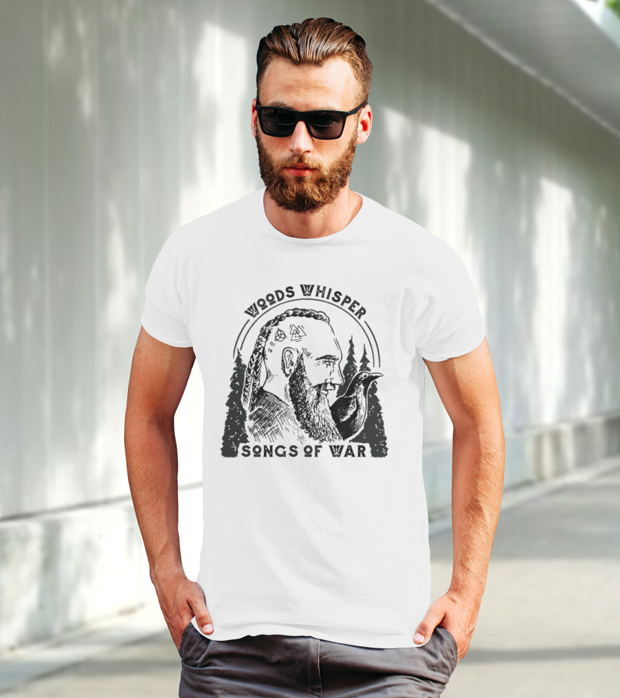 Woods Whisper Songs Of War Viking With Raven And Forest Symbols T-Shirt