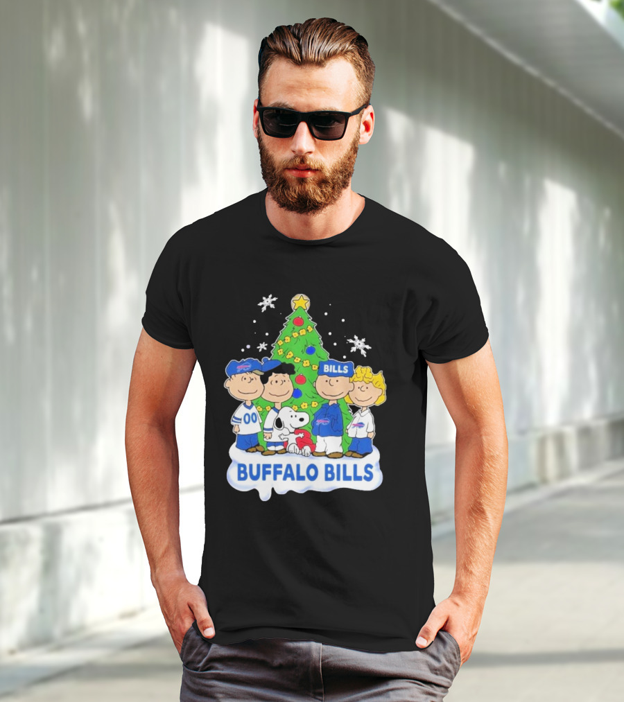 Buffalo Bills Snoopy Christmas Tree Peanuts Characters Holiday Scene T-Shirt