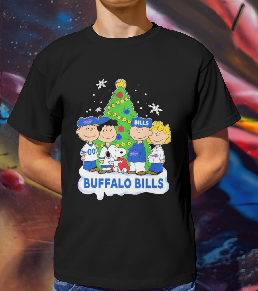 Buffalo Bills Snoopy Christmas Tree Peanuts Characters Holiday Scene T-Shirt