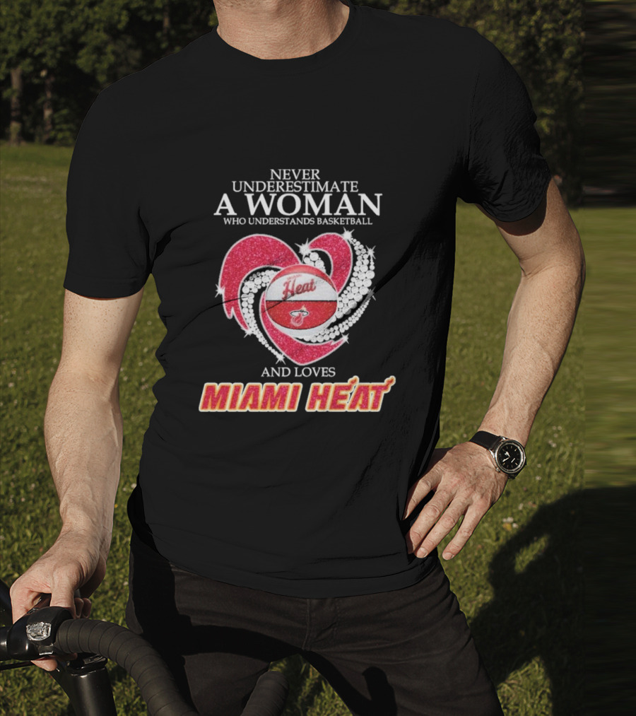 Never Underestimate A Woman Who Understands Basketball And Loves Miami Heat With Red Heart And Basketball T-Shirt