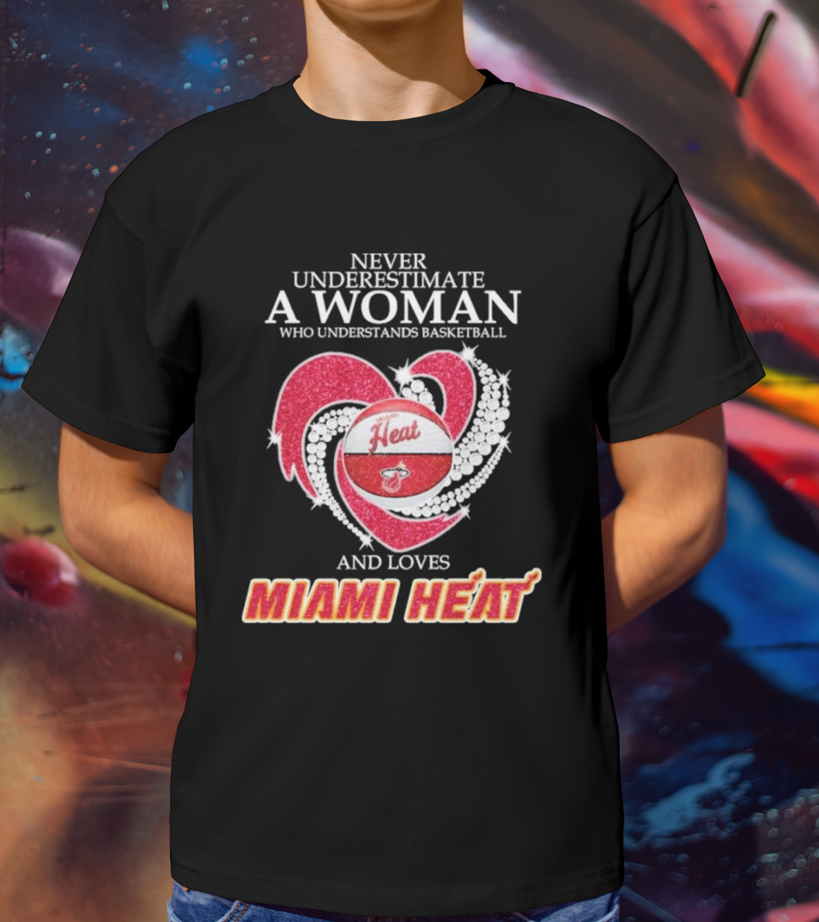 Never Underestimate A Woman Who Understands Basketball And Loves Miami Heat With Red Heart And Basketball T-Shirt