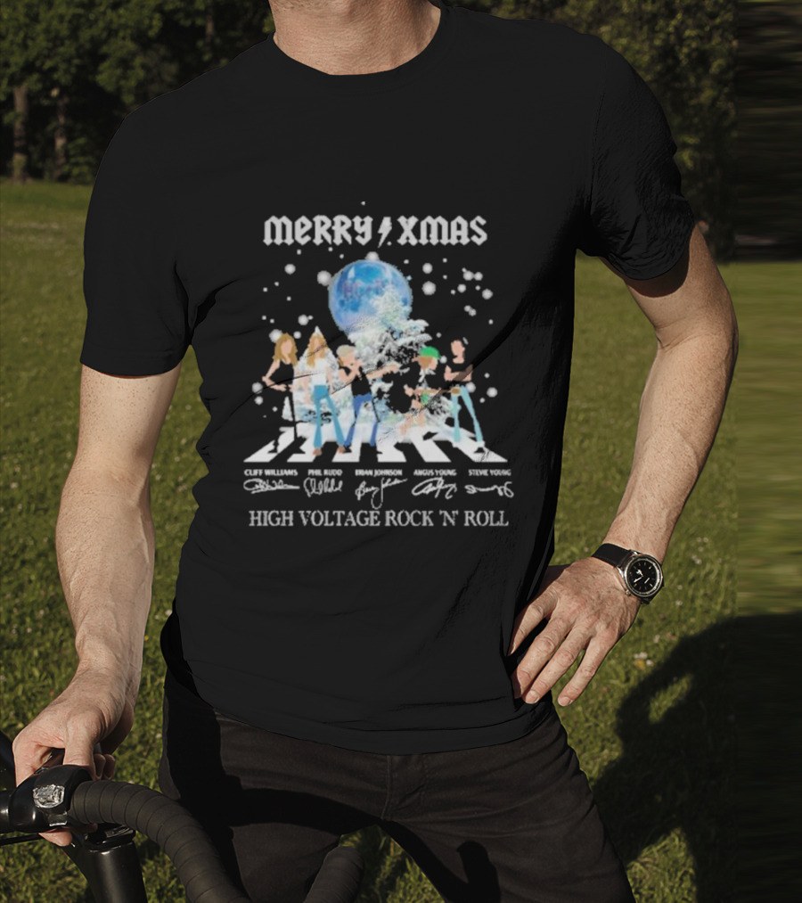 Merry Xmas AC DC High Voltage Rock N Roll Cliff Williams Phil Rudd Brian Johnson Angus Young Stevie Young T-Shirt