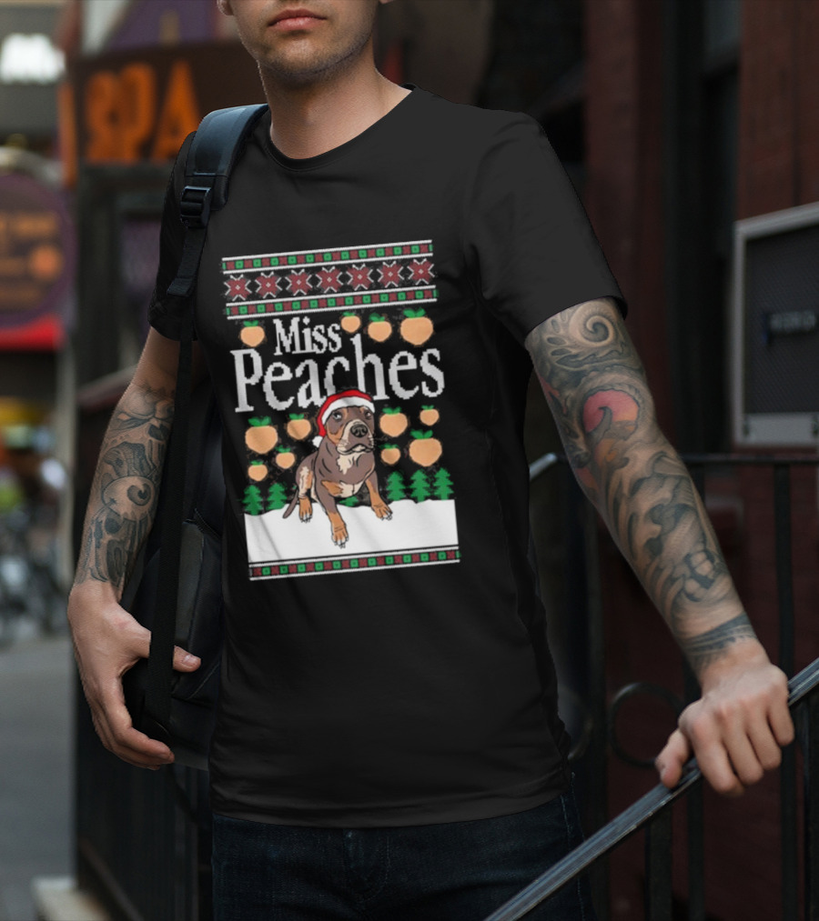 Miss Peaches Christmas Dog Holiday Sweater Peaches Trees Santa Hat T-Shirt