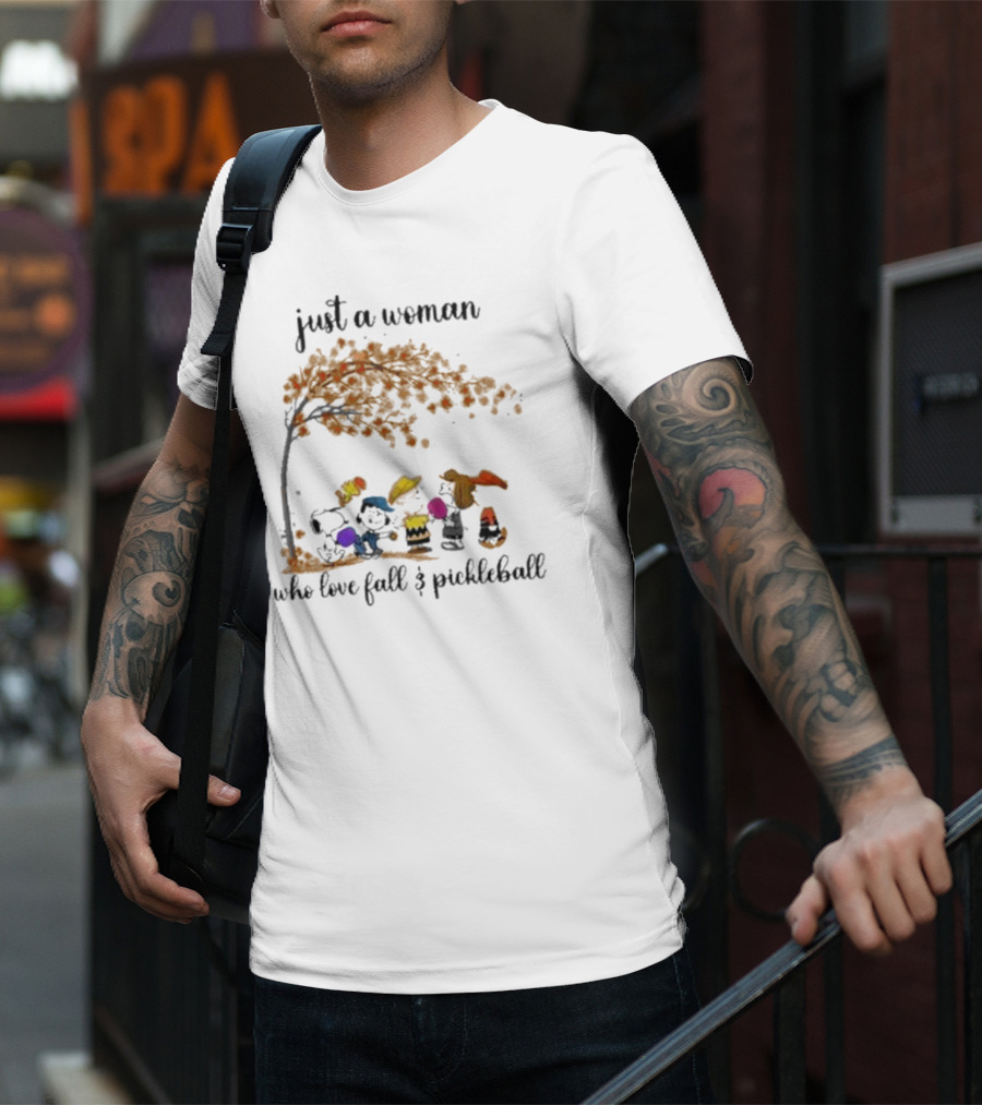 Just A Woman Who Loves Fall And Pickleball With Snoopy And Friends Under Autumn Tree T-Shirt