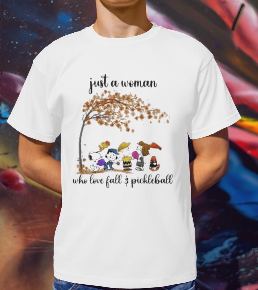 Just A Woman Who Loves Fall And Pickleball With Snoopy And Friends Under Autumn Tree T-Shirt