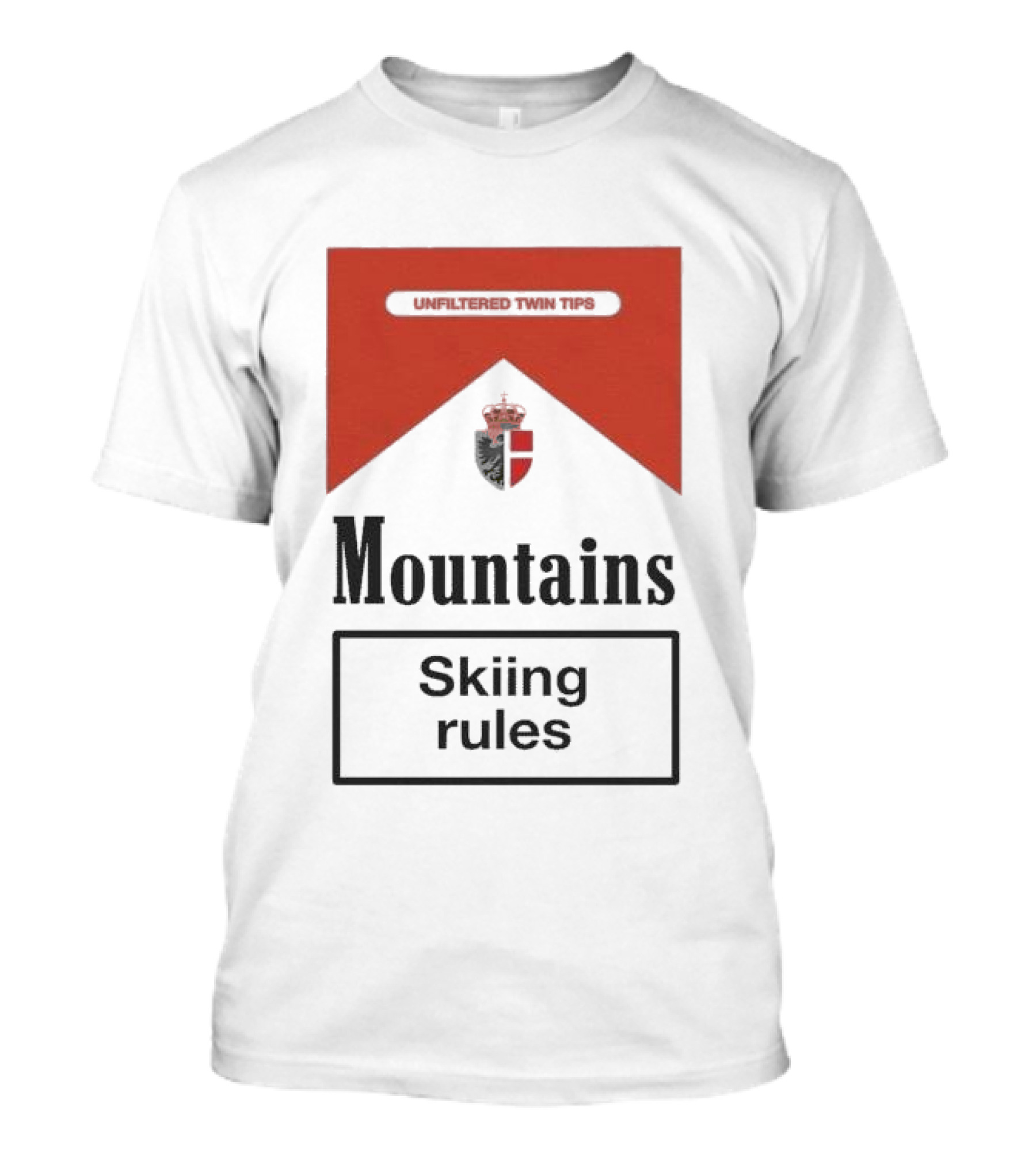Unfiltered Twin Tips Mountains Skiing Rules Crest T-Shirt