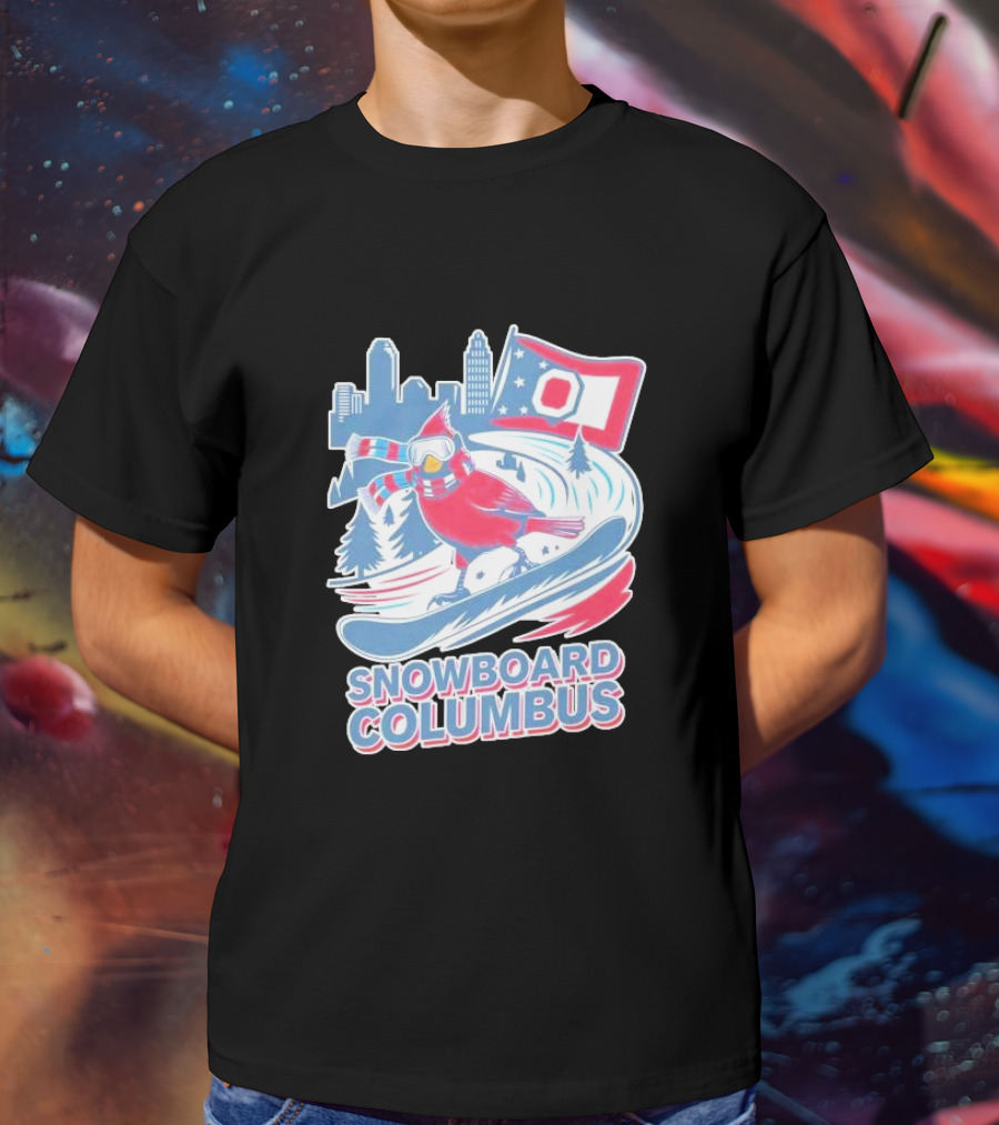 Snowboard Columbus Cardinal USA Snowboarding Animal Skyline Flag T-Shirt