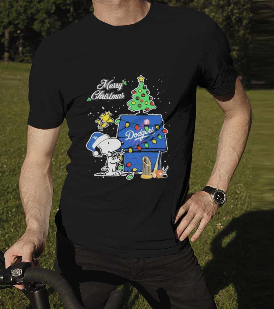 Merry Christmas Snoopy Los Angeles Dodgers Tree Lights Woodstock T-Shirt