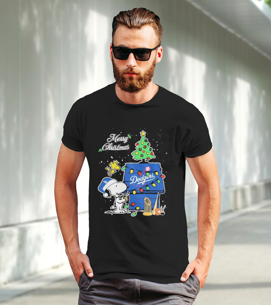 Merry Christmas Snoopy Los Angeles Dodgers Tree Lights Woodstock T-Shirt