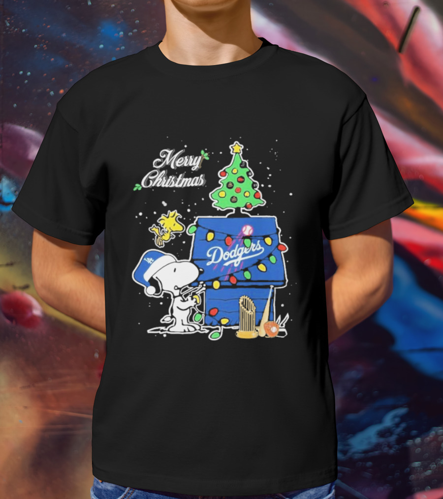 Merry Christmas Snoopy Los Angeles Dodgers Tree Lights Woodstock T-Shirt