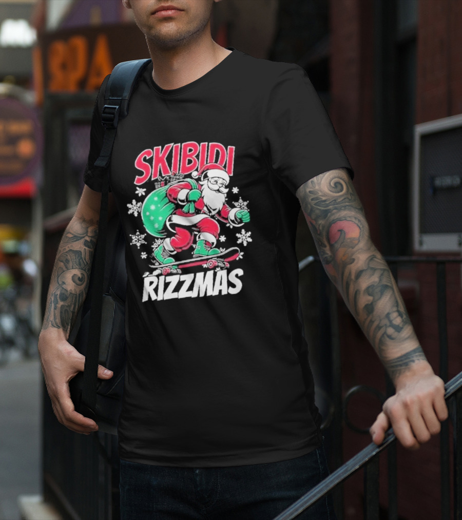 Skibidi Rizzmas Santa Claus Skateboarding Christmas T-Shirt