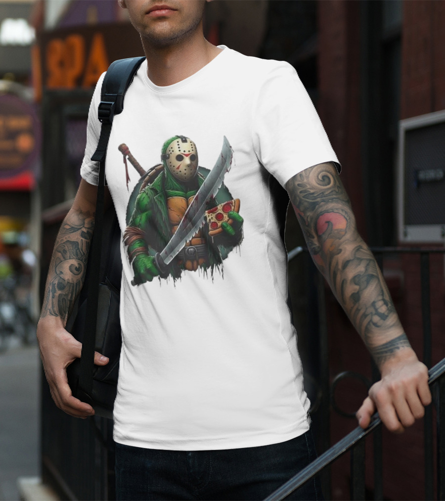 Jason Voorhees Ninja Turtle Pizza Swordsman Crossover T-Shirt