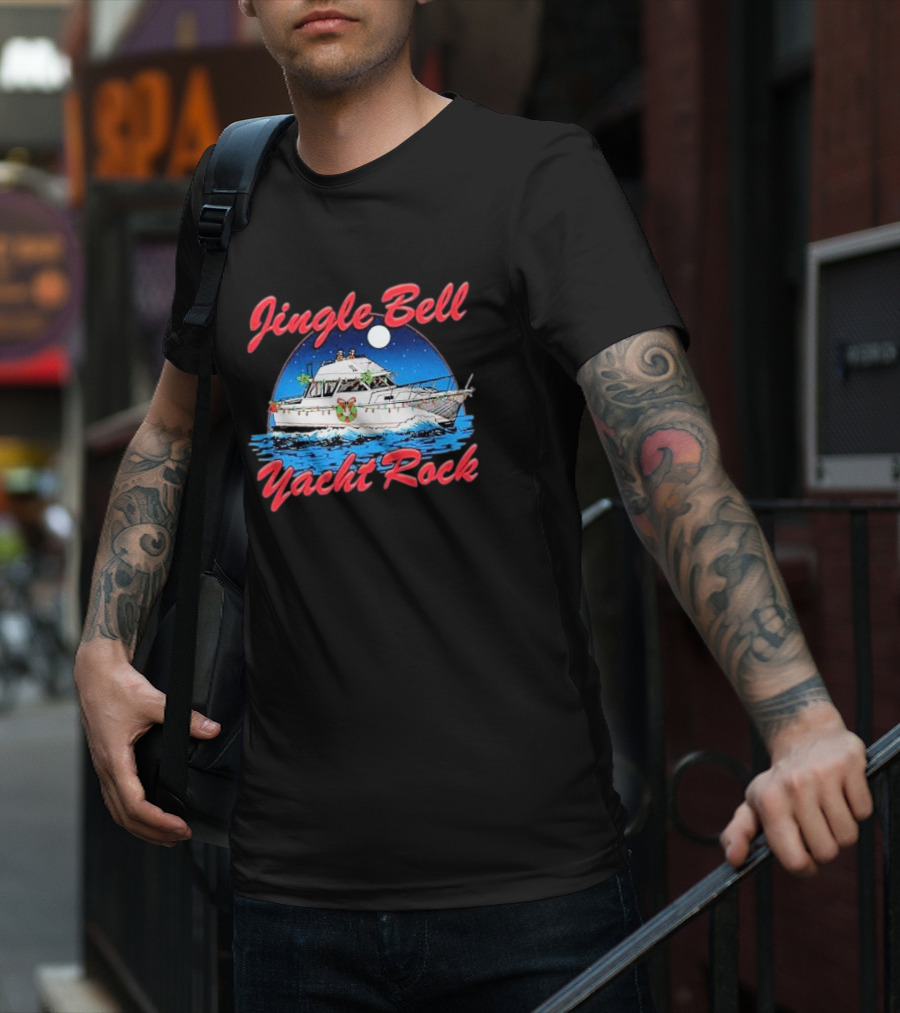 Jingle Bell Yacht Rock Christmas Boat With Holiday Wreath And Lights T-Shirt